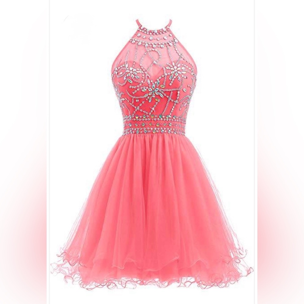 Pink/Coral Beaded Halter Prom/Homecoming Dress